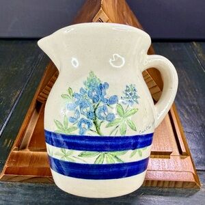 Pottery Pitcher Beige w/ Hand-Painted Bluebonnets  w/ Two Blue Stripes Signed 5”